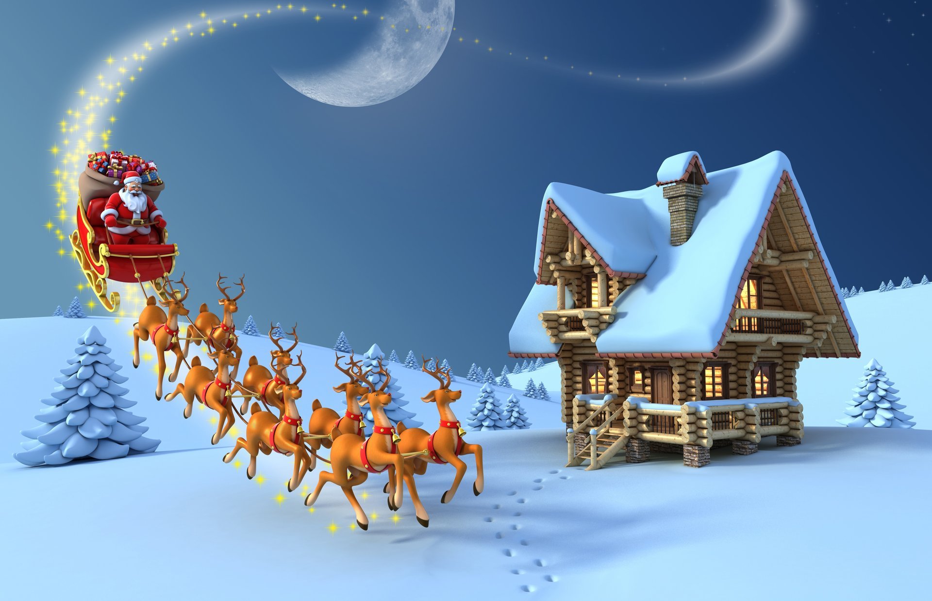 rozhdestvo santa klaus novyj god rozhdestvenskaya elka sneg oleni podarki 3d luna ded moroz elka